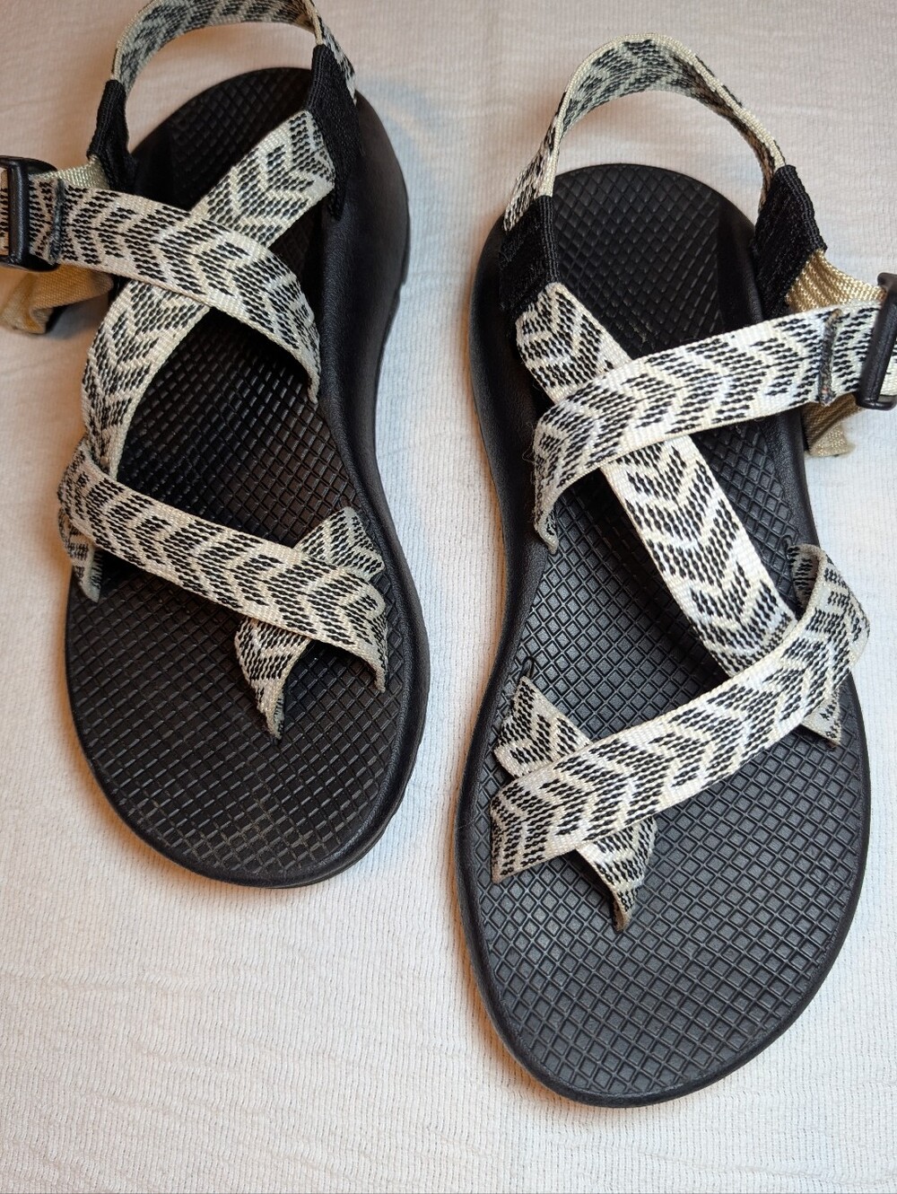 Chaco Black Footbed Sandals with Cream & Black Woven Straps